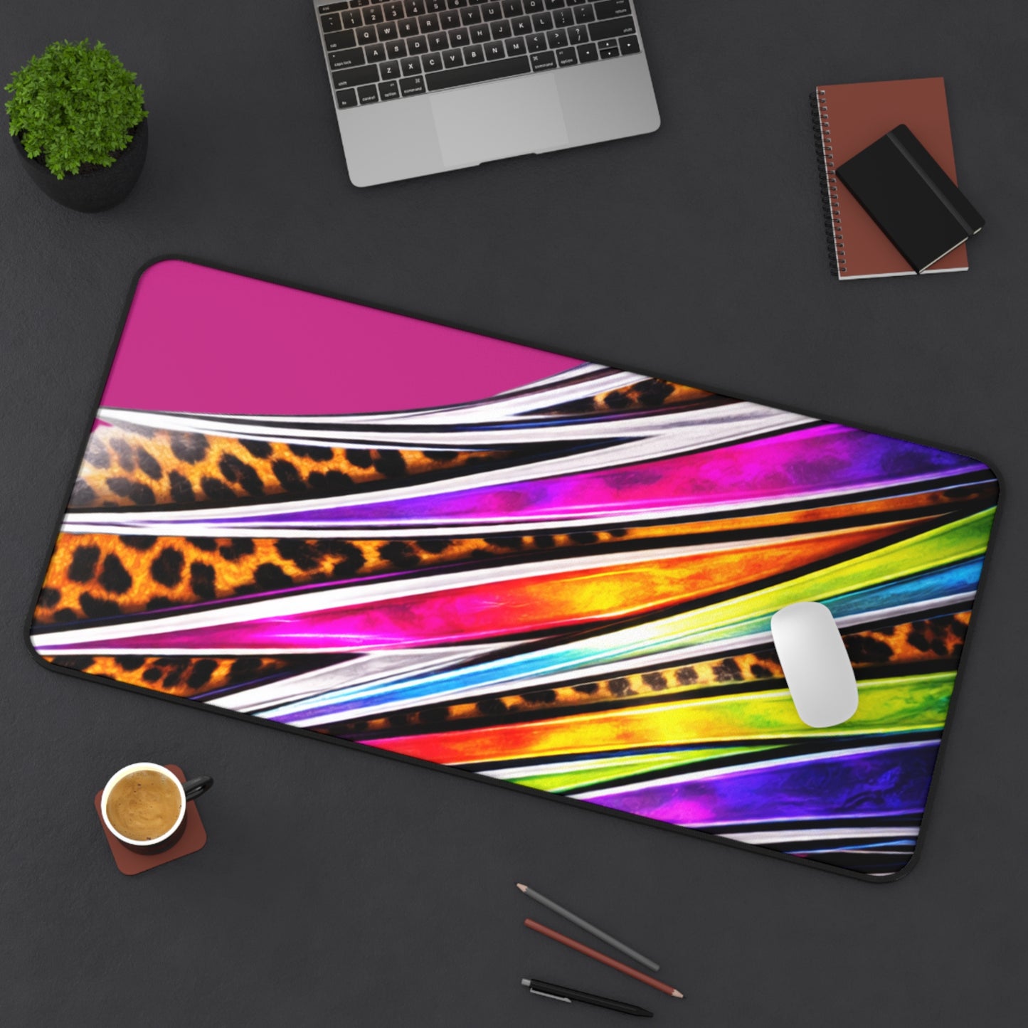 Neon Leopard Stripes Desk Mat | Colorful Abstract Mouse Pad