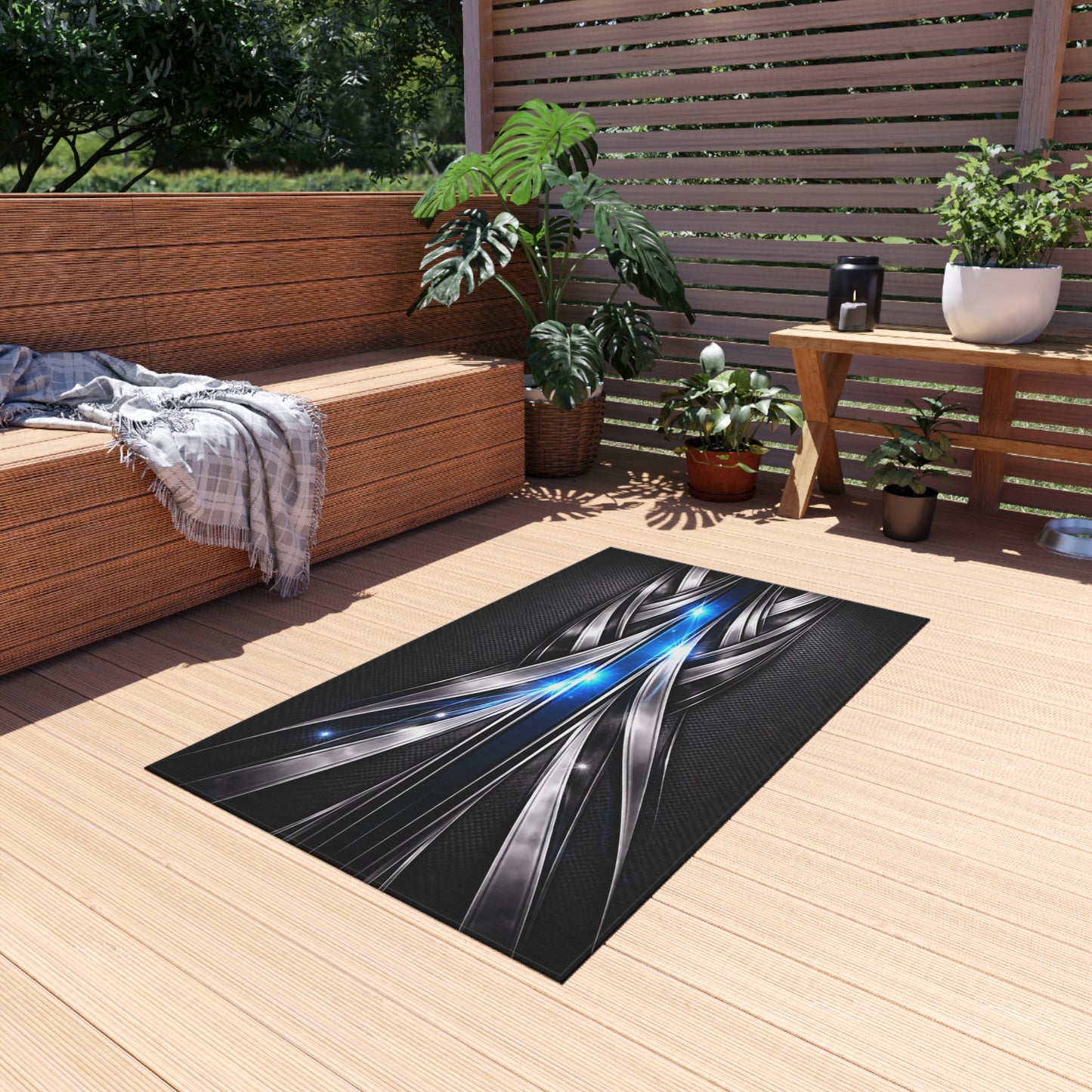 Futuristic Metal Weave Outdoor Rug with Blue Light Accents