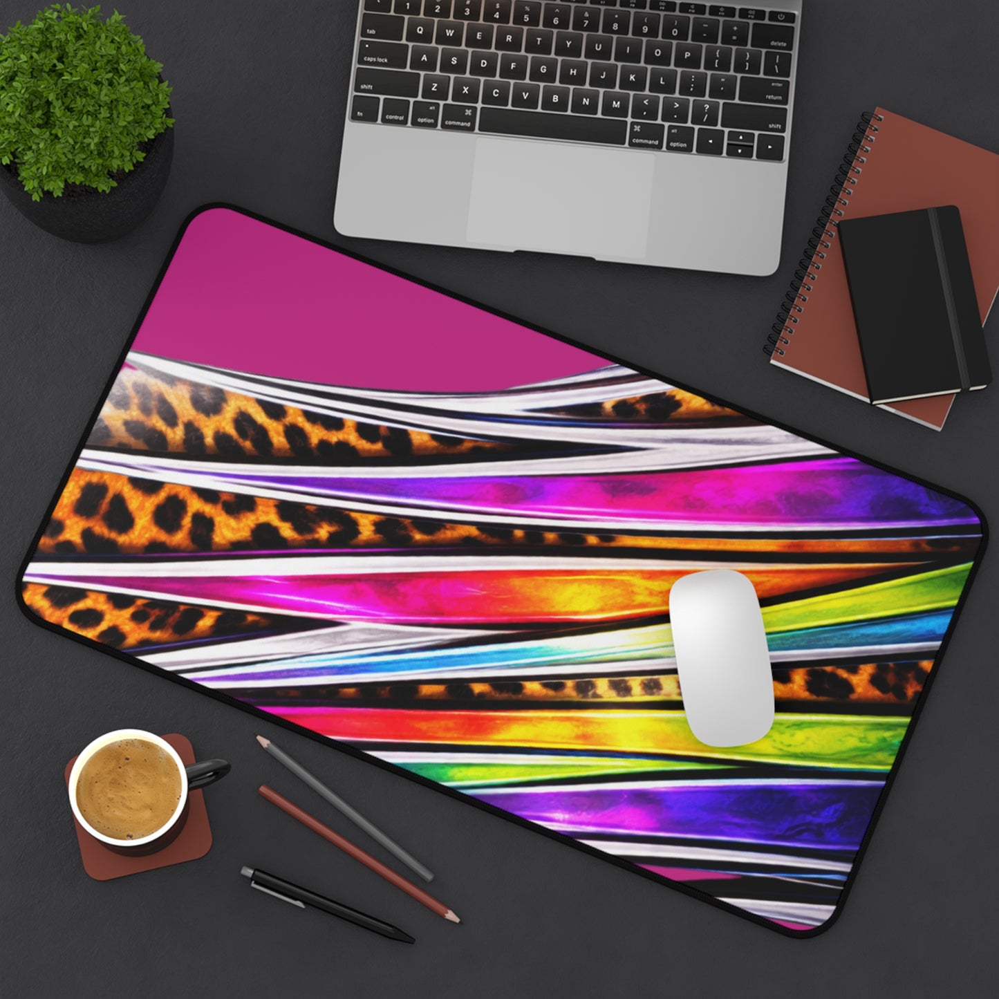 Neon Leopard Stripes Desk Mat | Colorful Abstract Mouse Pad