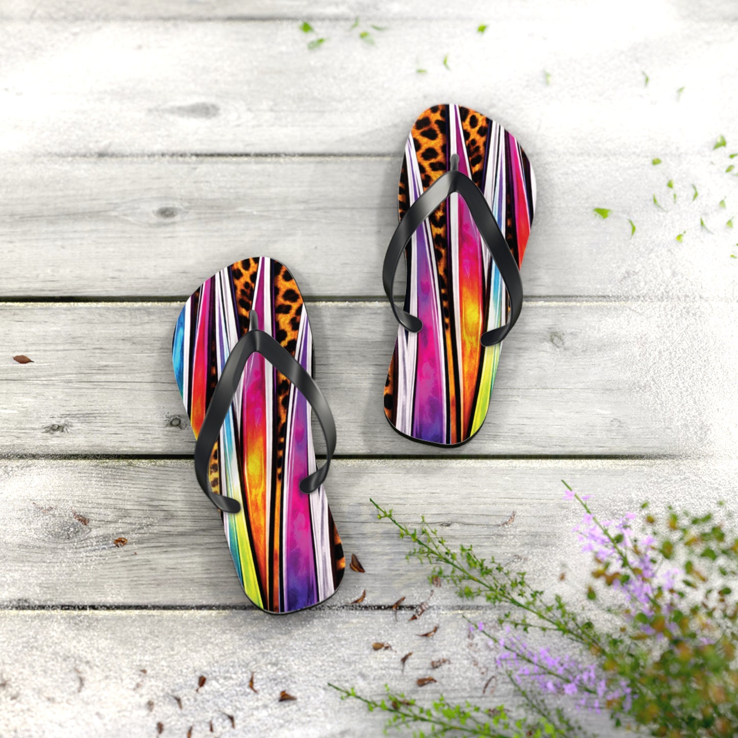 Colorful Striped & Leopard Print Flip Flops — Vibrant Beach Sandals