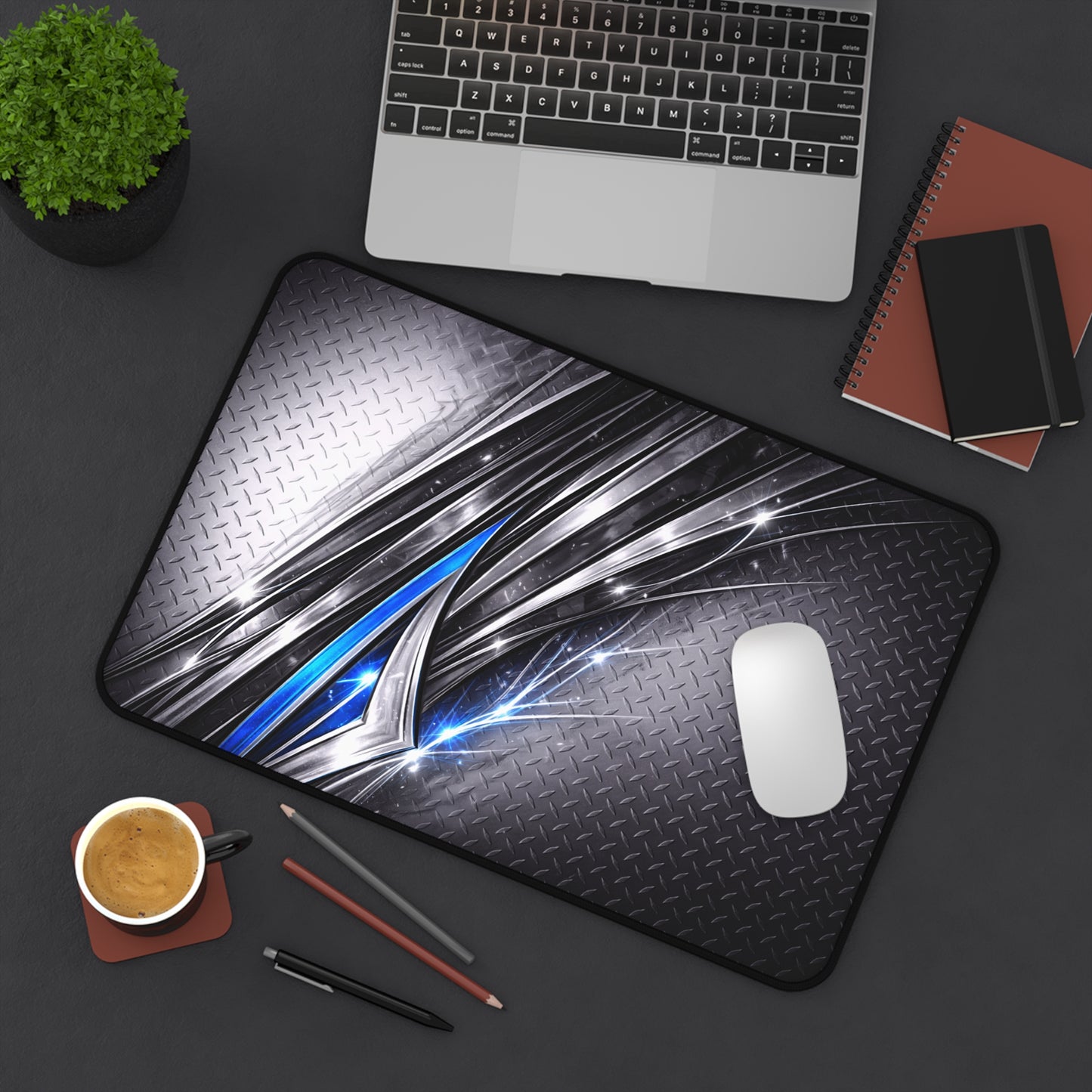 Futuristic Metallic Blue Abstract Desk Mat | Gaming Office Mousepad
