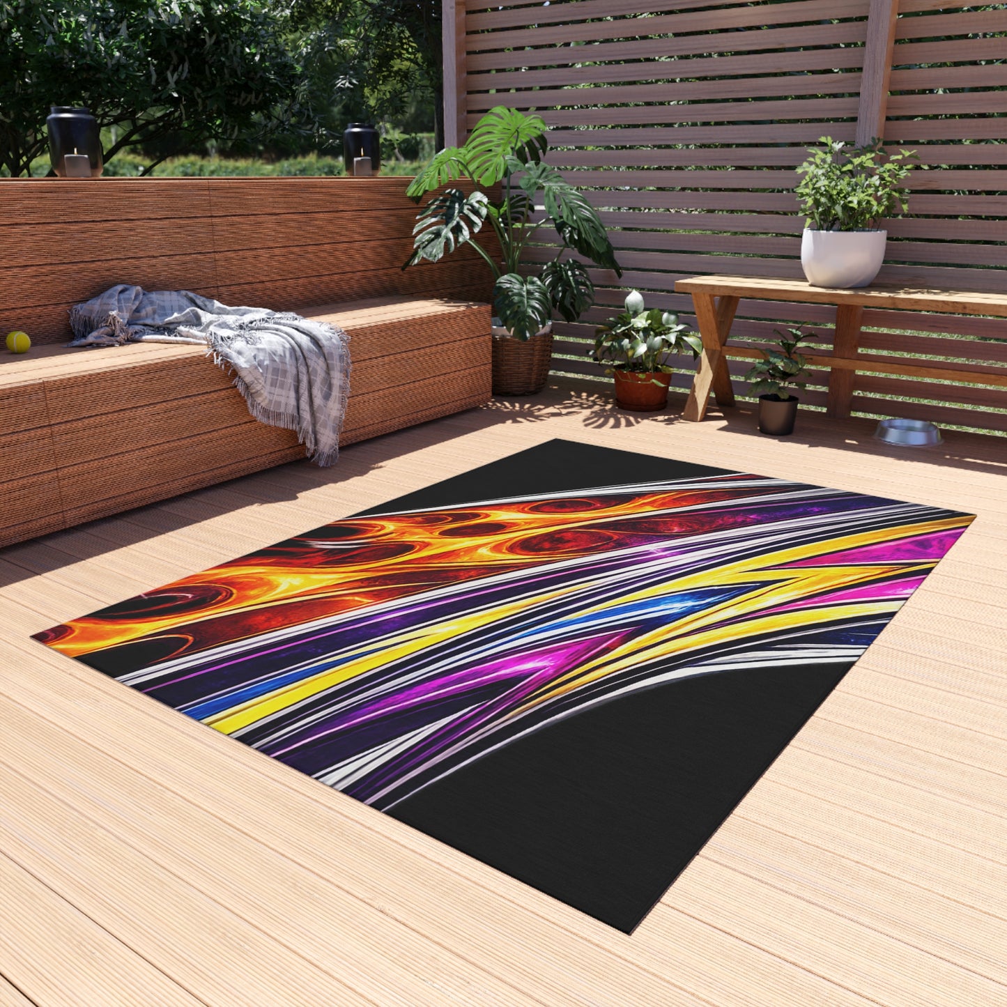 Mini Truck Flames Outdoor Rug — Retro Flame Pickup Truck Doormat