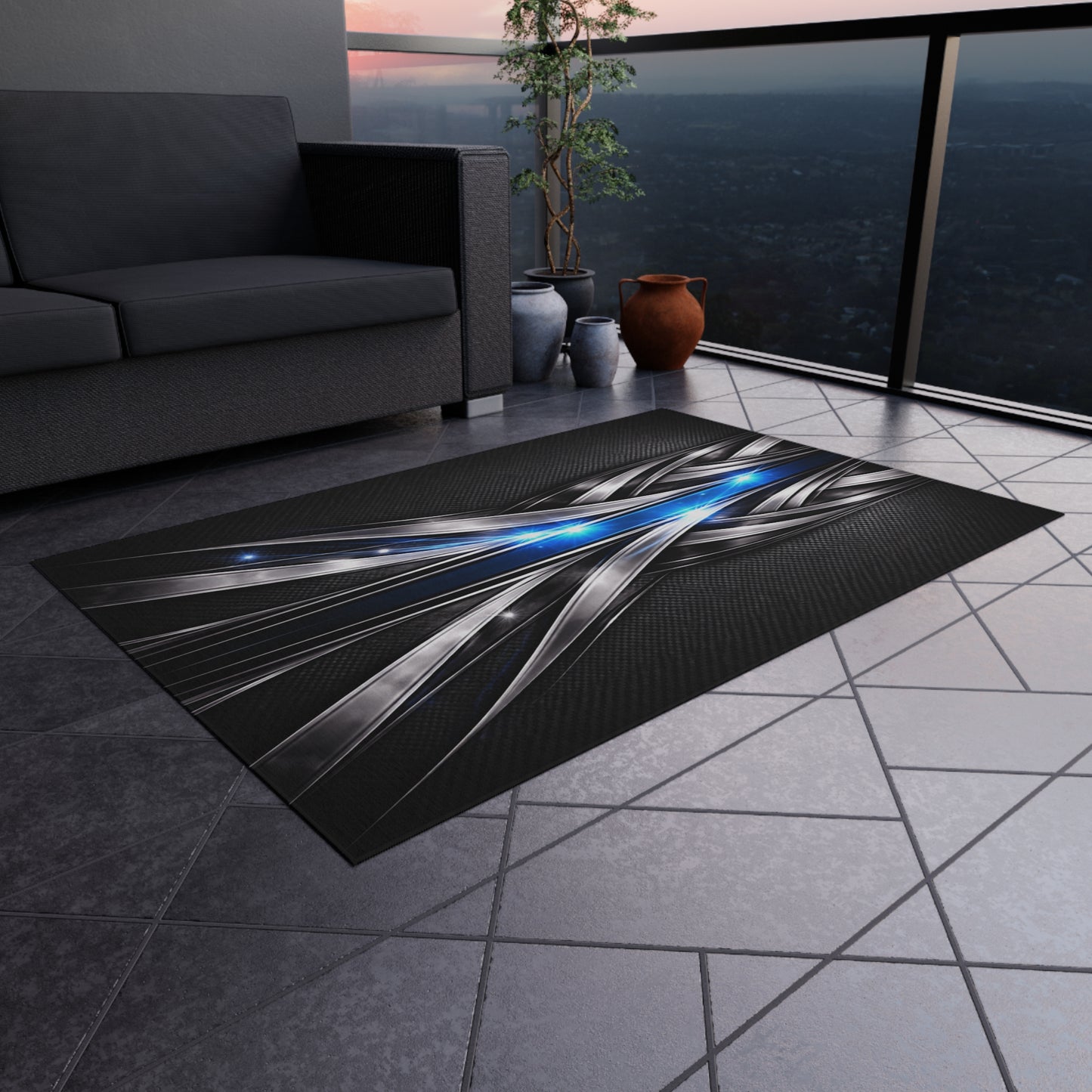 Futuristic Metal Weave Outdoor Rug with Blue Light Accents