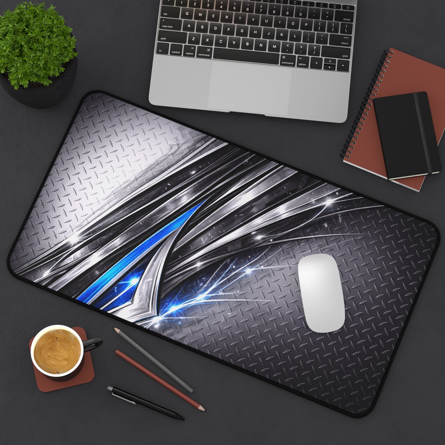 Futuristic Metallic Blue Abstract Desk Mat | Gaming Office Mousepad
