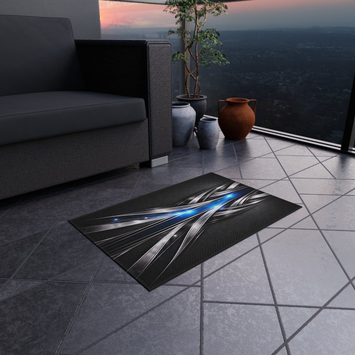 Futuristic Metal Weave Outdoor Rug with Blue Light Accents