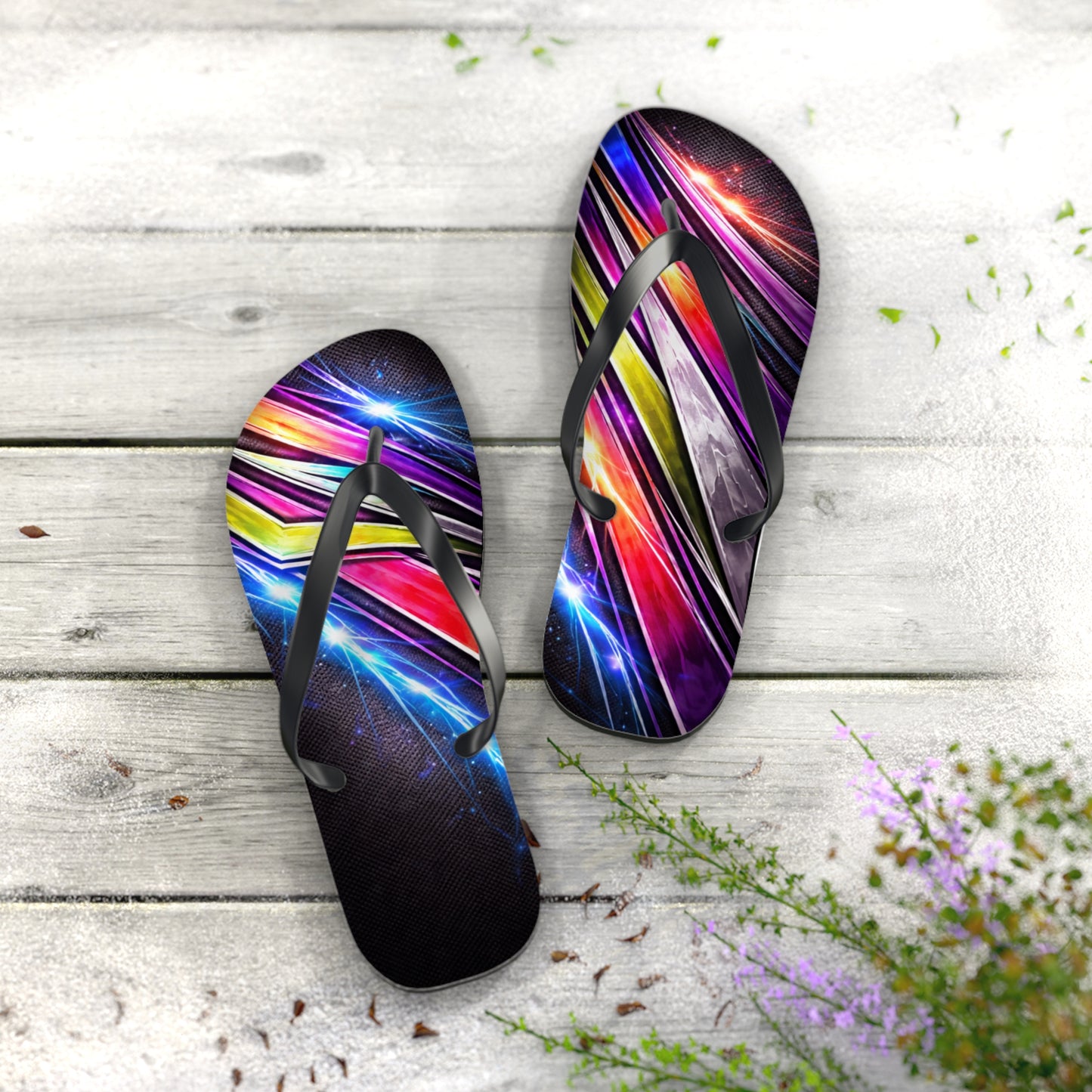 Neon Galaxy Flip Flops — Colorful Space Wave Beach Sandals