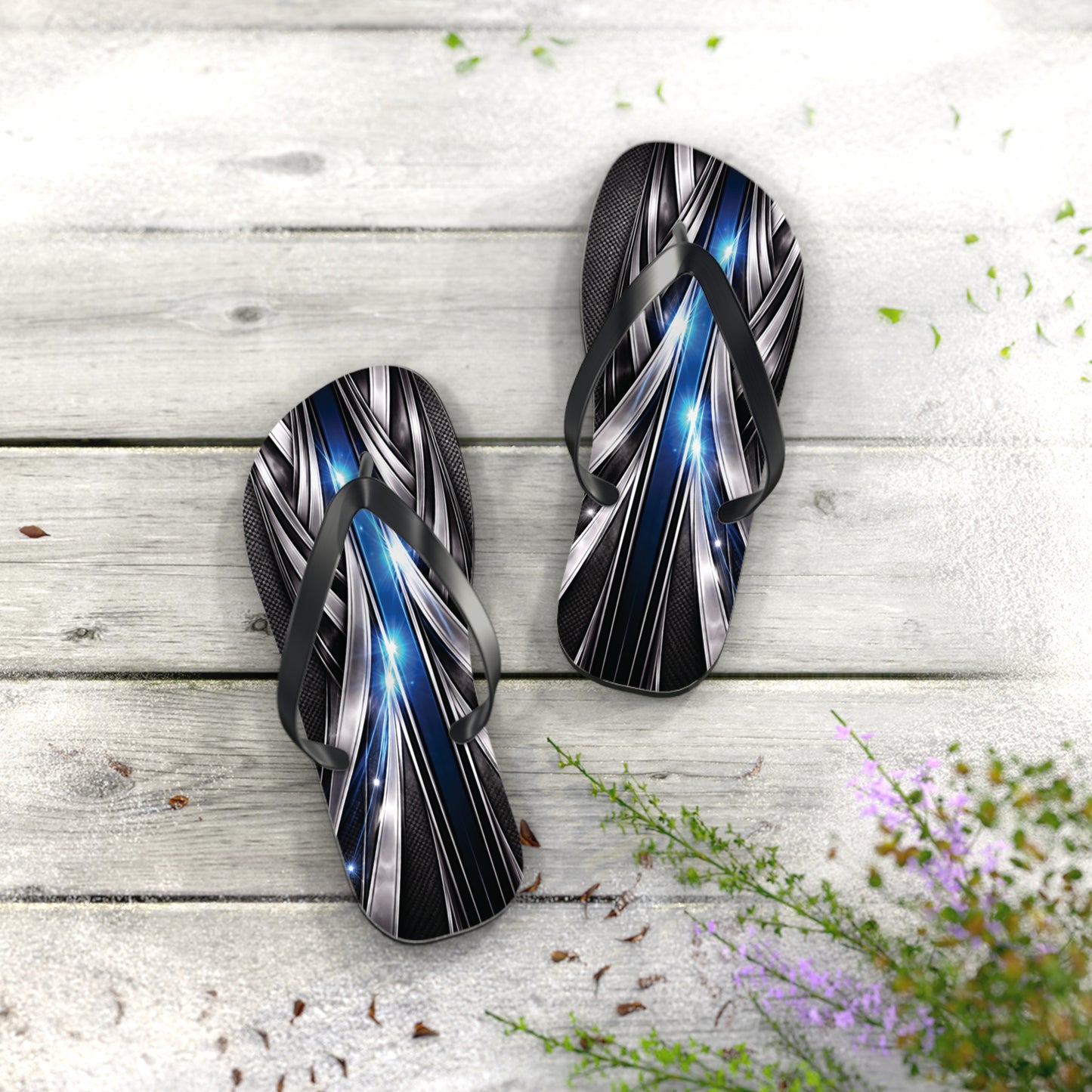 Abstract Metallic Blue Flip Flops — Futuristic Graphic Beach Sandals