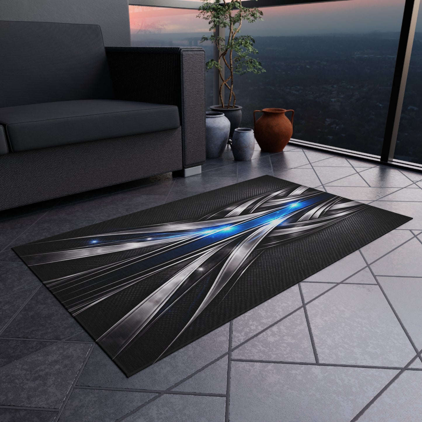 Futuristic Metal Weave Outdoor Rug with Blue Light Accents