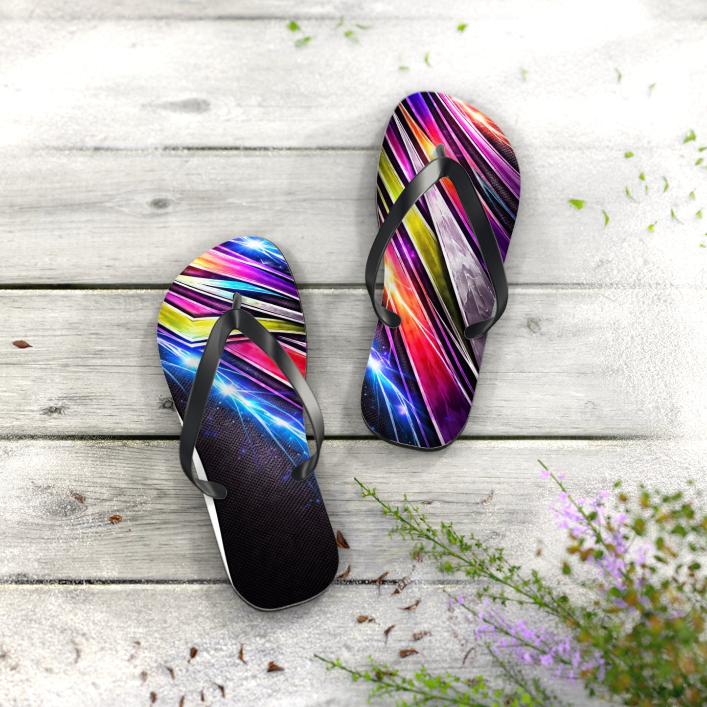 Neon Galaxy Flip Flops — Colorful Space Wave Beach Sandals