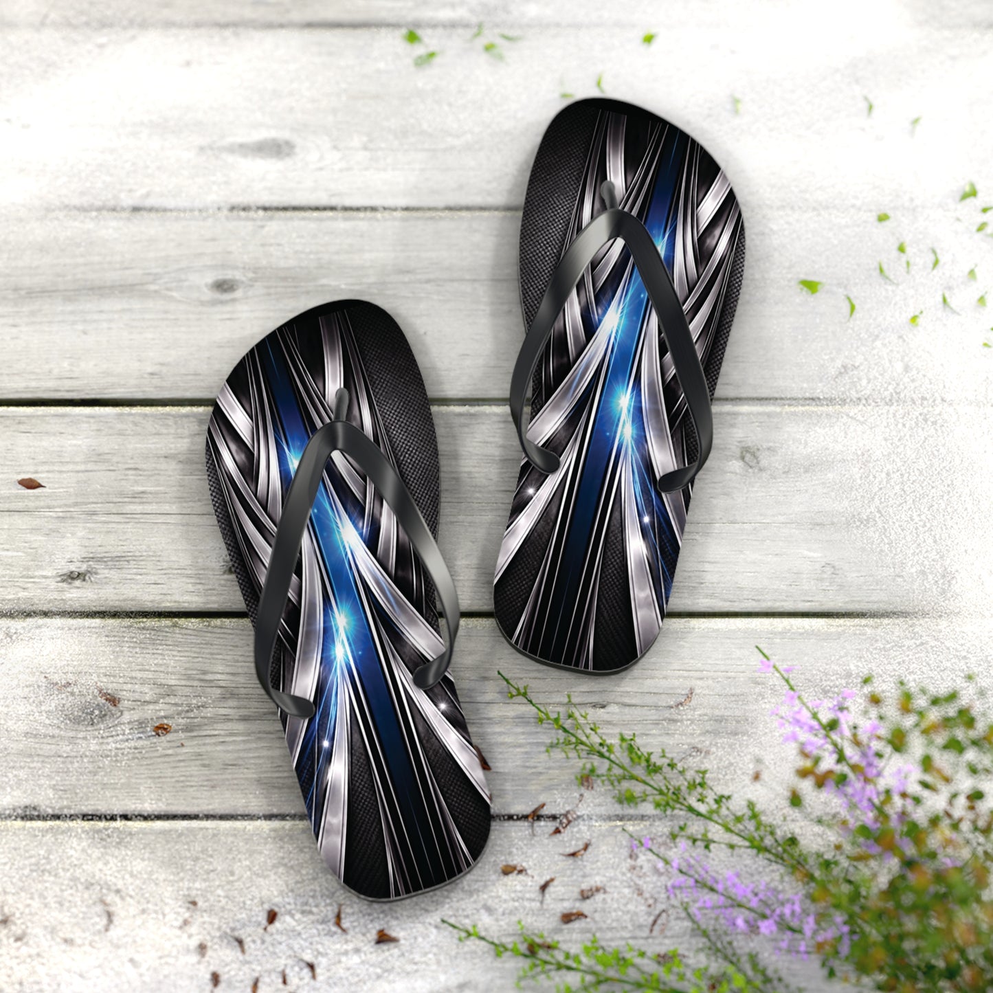 Abstract Metallic Blue Flip Flops — Futuristic Graphic Beach Sandals