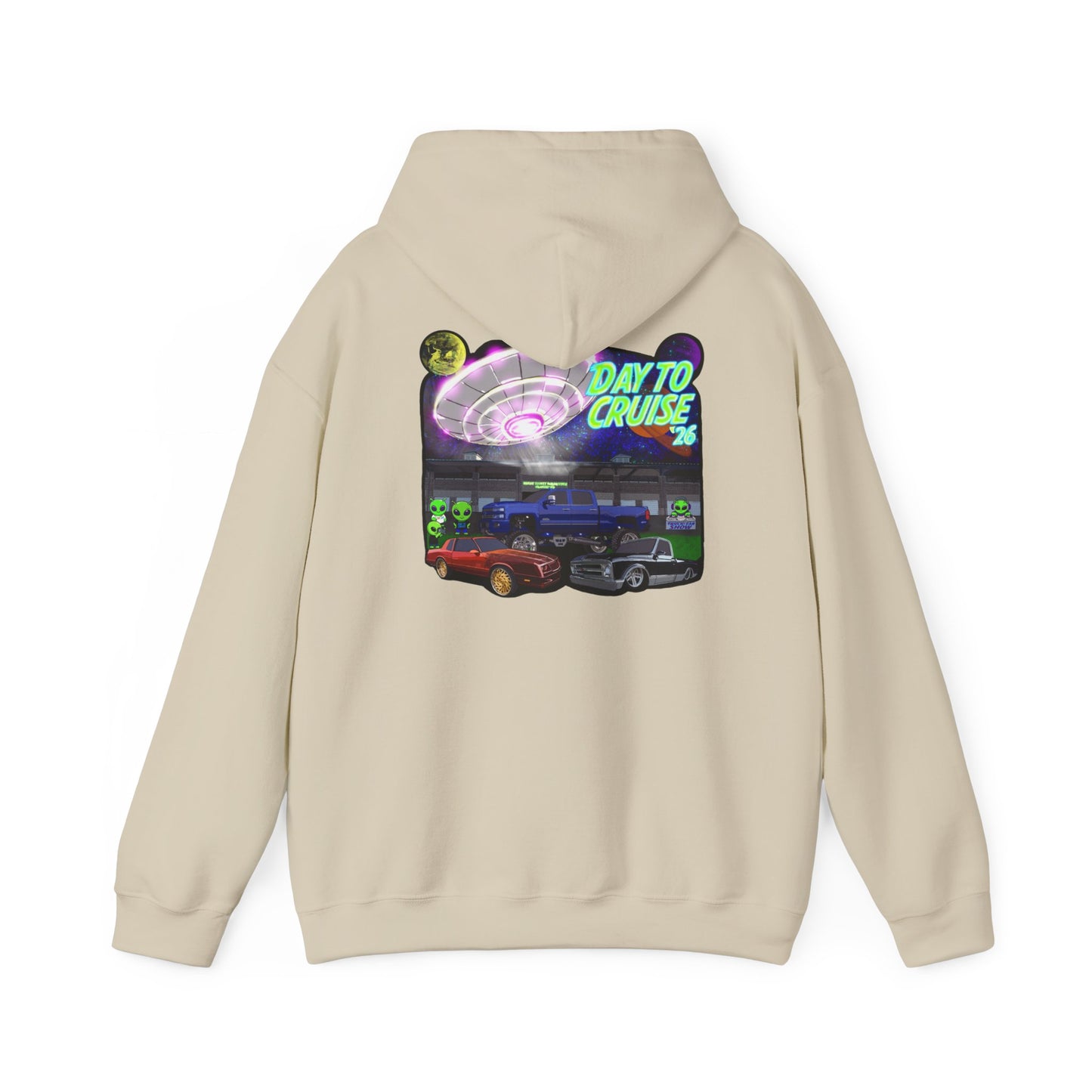 Cruise Night Hoodie — "Day To Cruise" Retro UFO Car Graphic