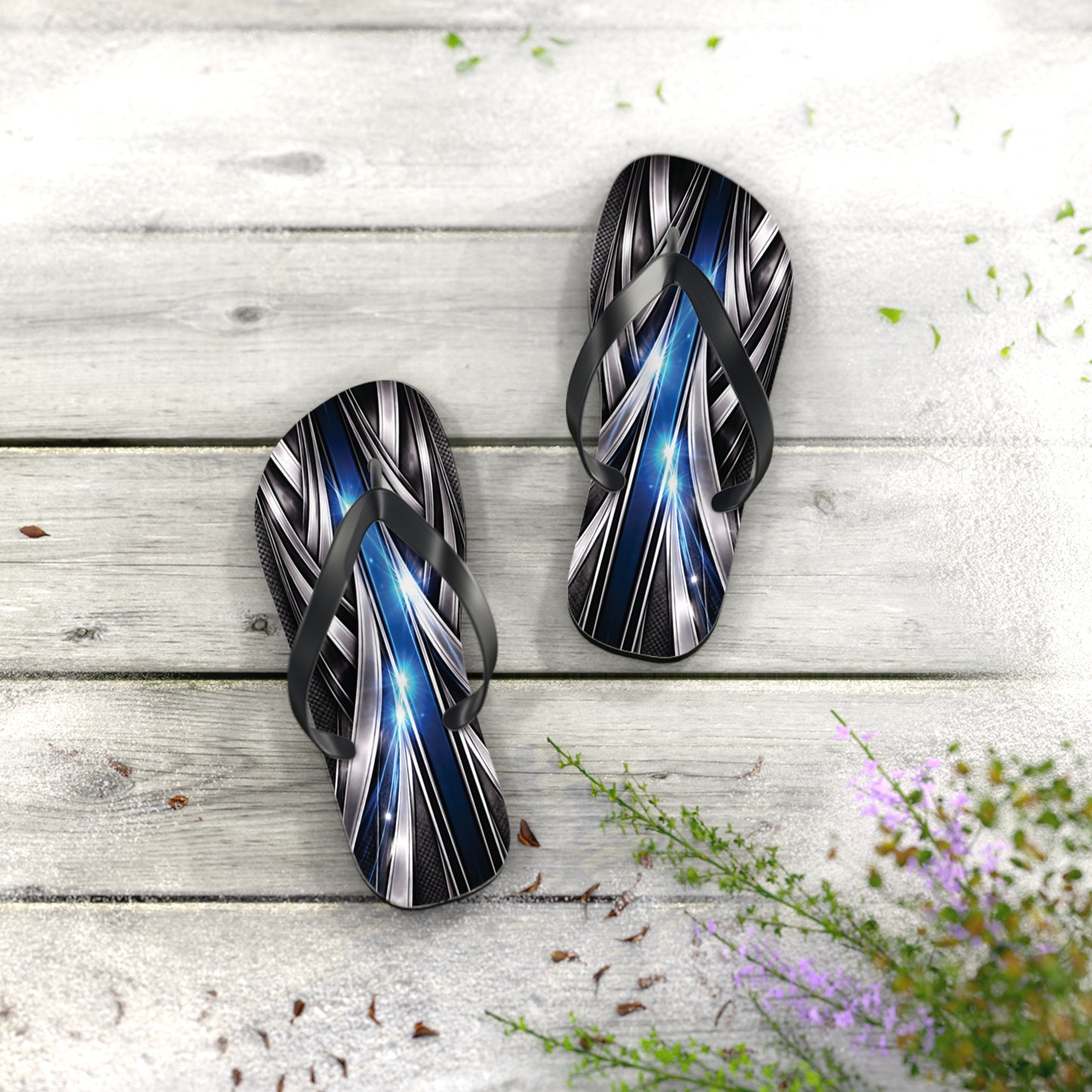 Abstract Metallic Blue Flip Flops — Futuristic Graphic Beach Sandals