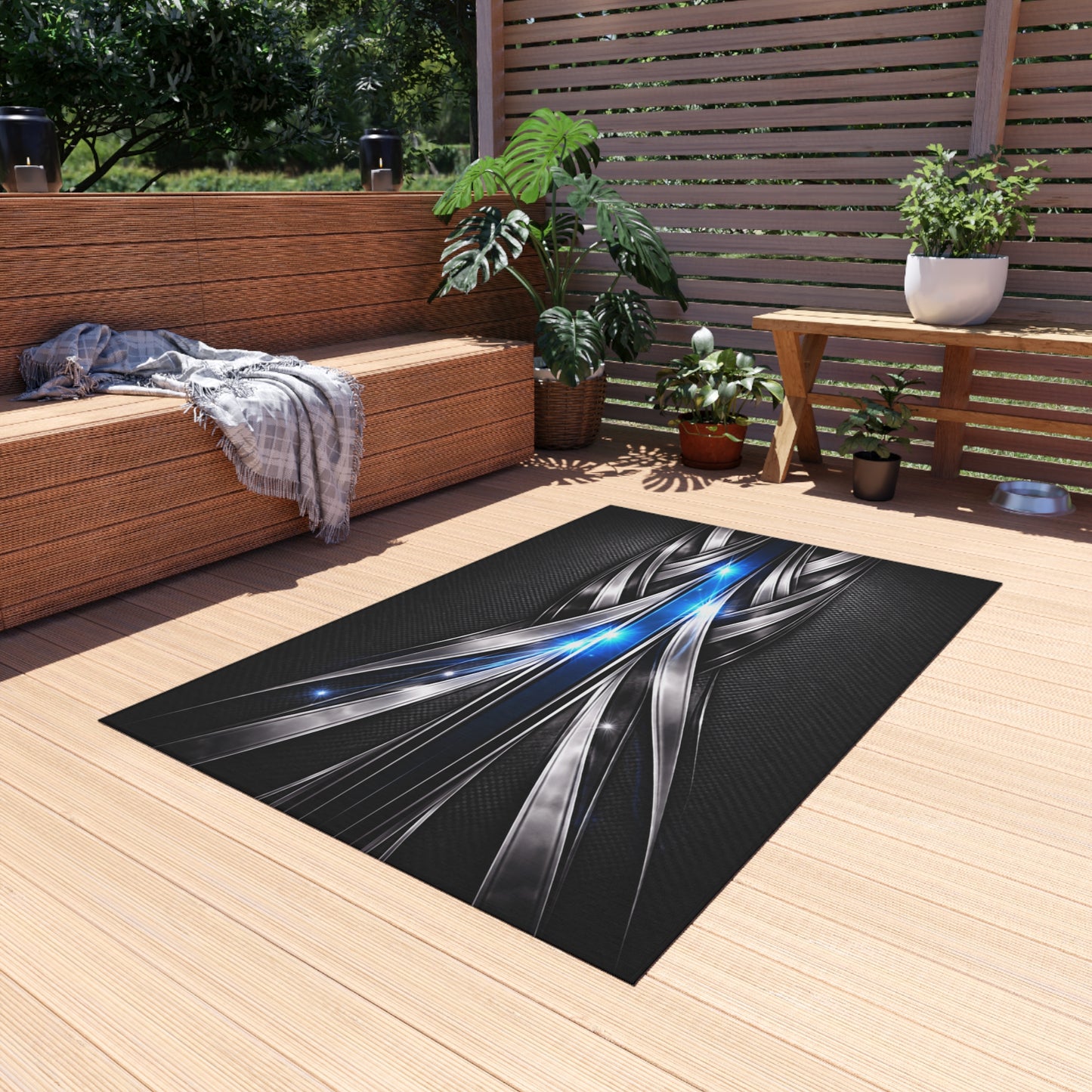 Futuristic Metal Weave Outdoor Rug with Blue Light Accents