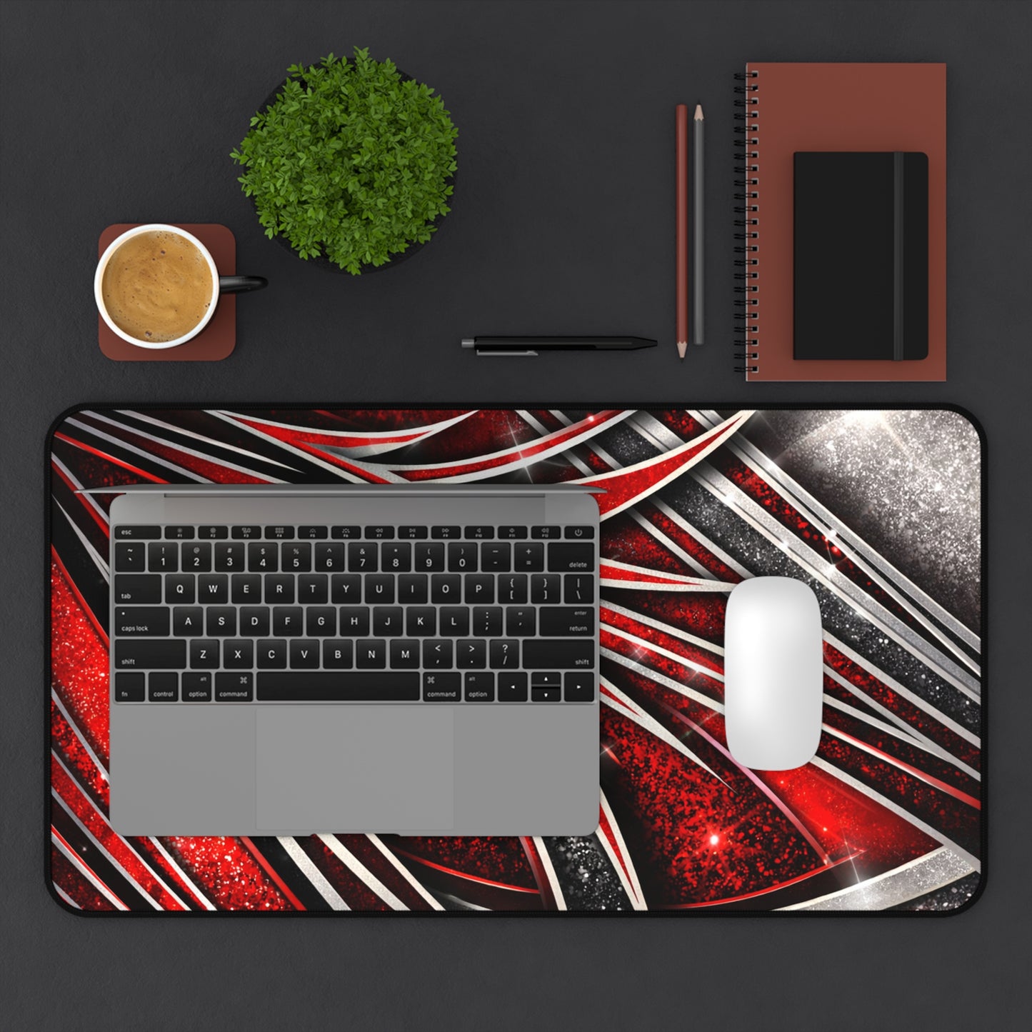Red Metallic Abstract Desk Mat — Gaming/Office Mouse Pad