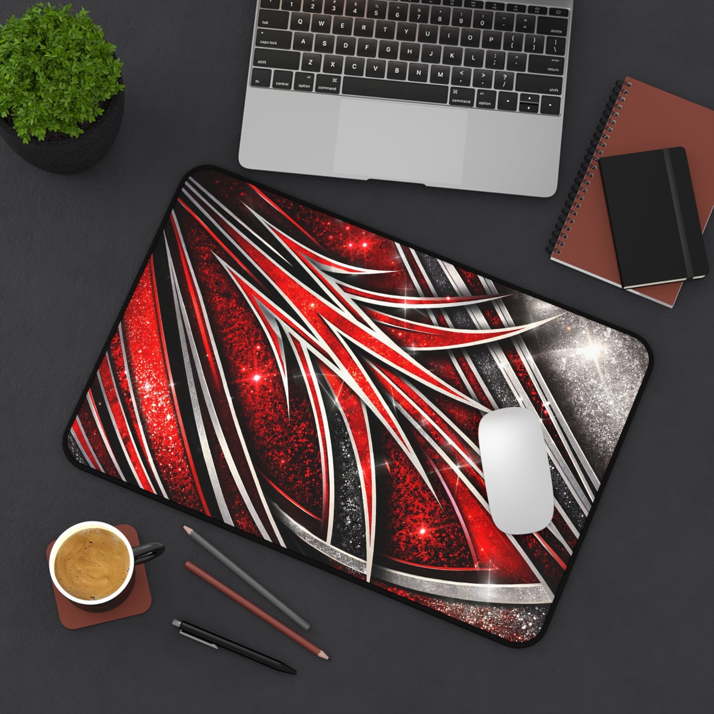 Red Metallic Abstract Desk Mat — Gaming/Office Mouse Pad
