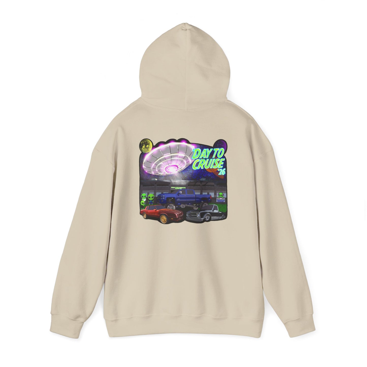 Cruise Night Hoodie — "Day To Cruise" Retro UFO Car Graphic