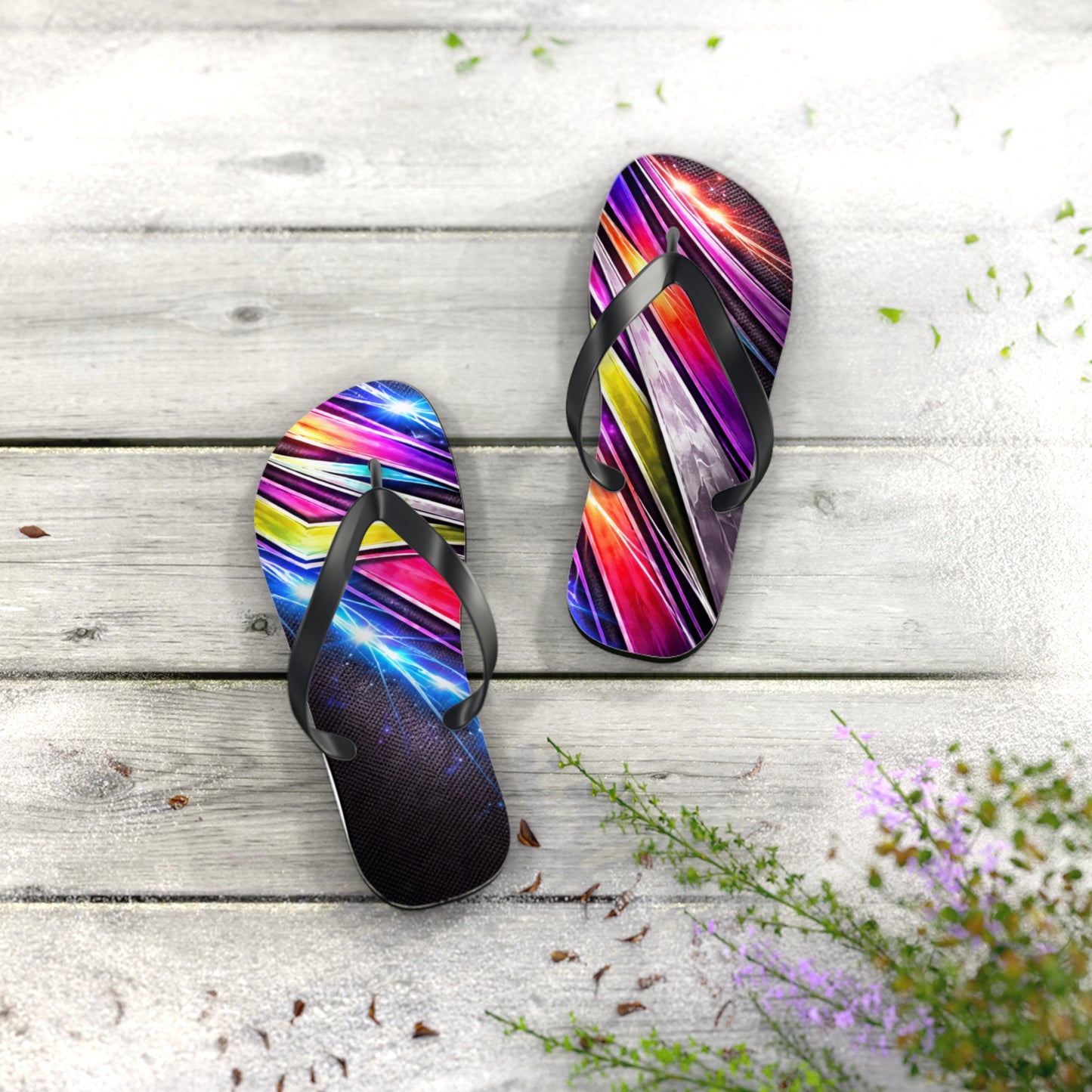 Neon Galaxy Flip Flops — Colorful Space Wave Beach Sandals