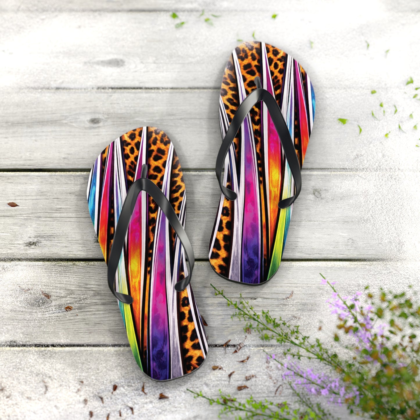 Colorful Striped & Leopard Print Flip Flops — Vibrant Beach Sandals