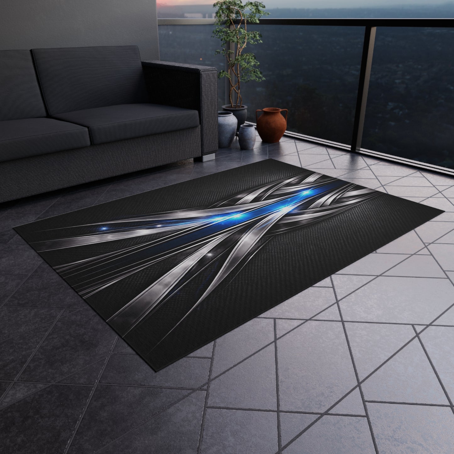 Futuristic Metal Weave Outdoor Rug with Blue Light Accents
