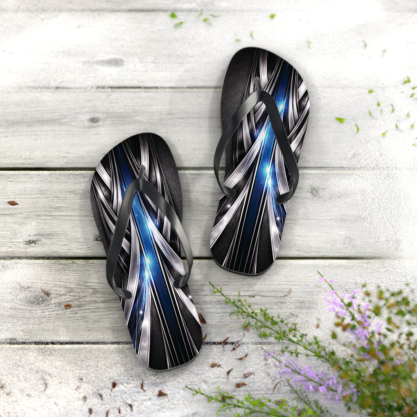 Abstract Metallic Blue Flip Flops — Futuristic Graphic Beach Sandals