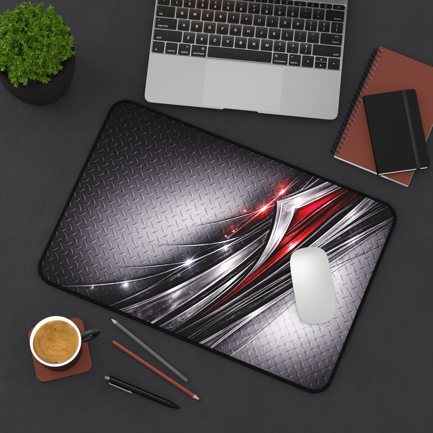 Red and Silver Metallic Abstract Desk Mat | Gaming Mousepad