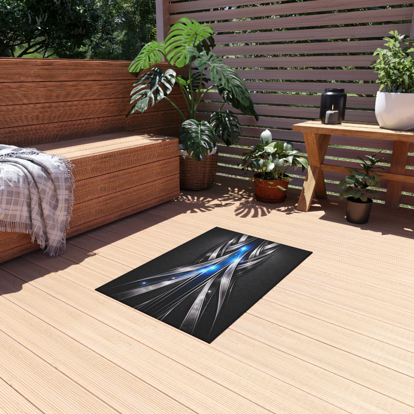 Futuristic Metal Weave Outdoor Rug with Blue Light Accents