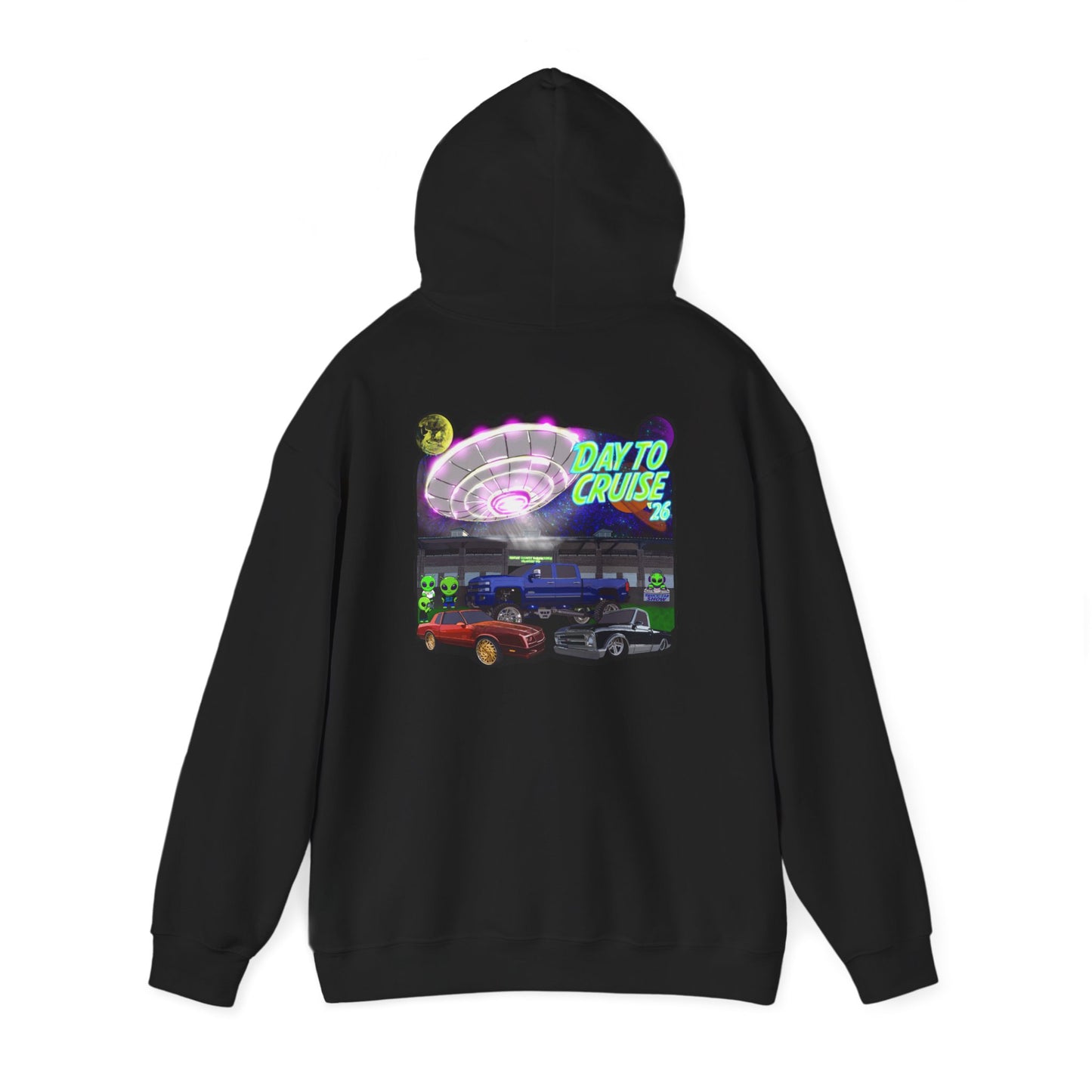 Cruise Night Hoodie — "Day To Cruise" Retro UFO Car Graphic