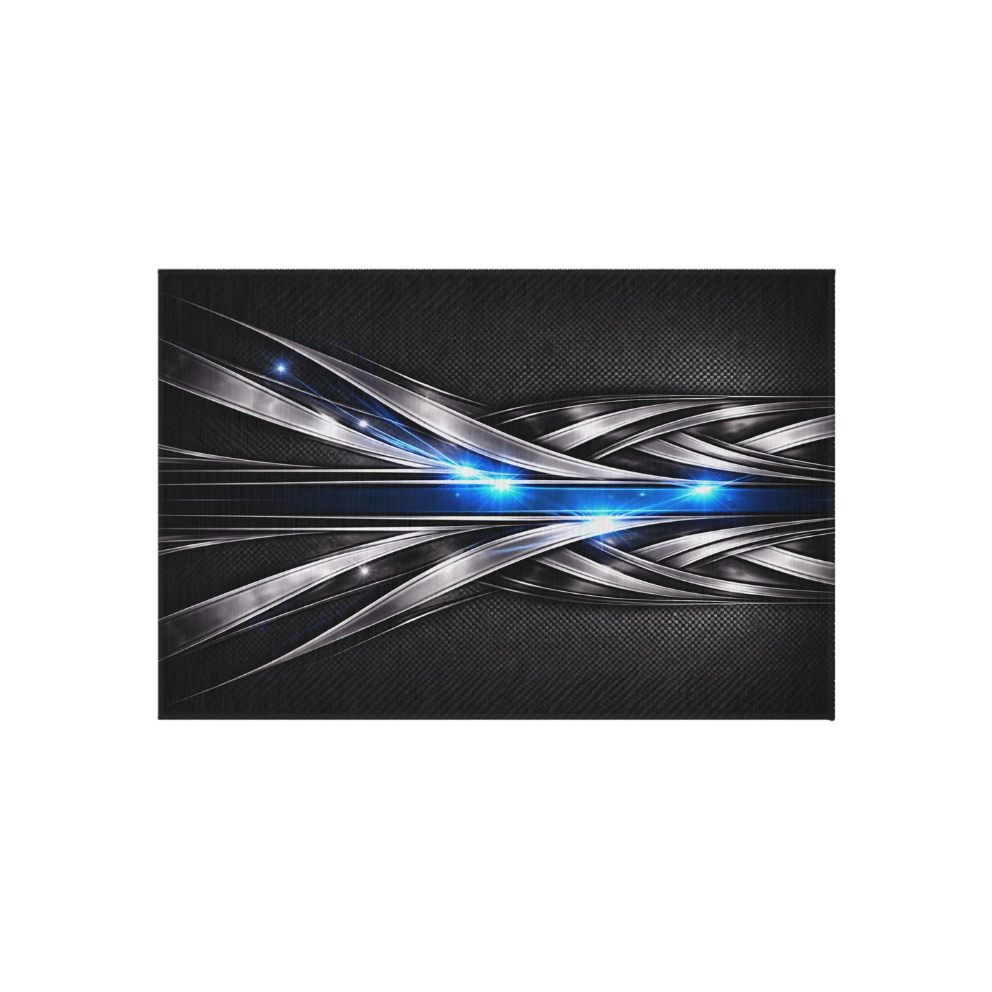 Futuristic Metal Weave Outdoor Rug with Blue Light Accents