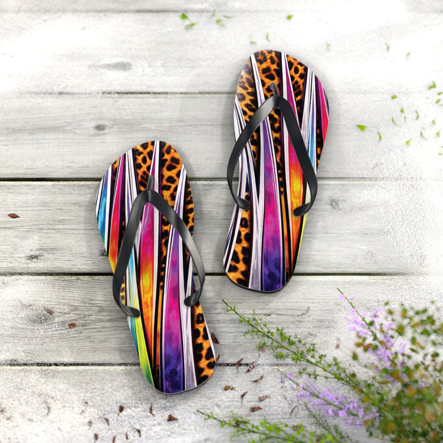 Colorful Striped & Leopard Print Flip Flops — Vibrant Beach Sandals