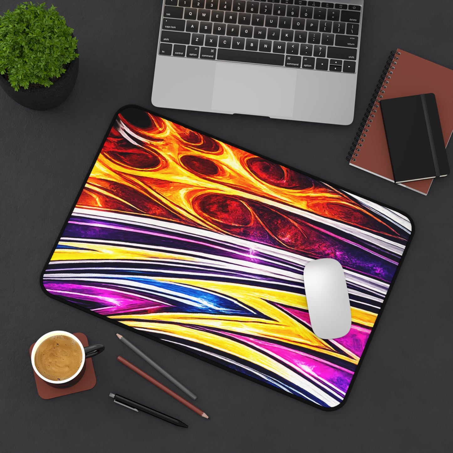 Abstract Flame Waves Desk Mat | Colorful Lightning Pattern