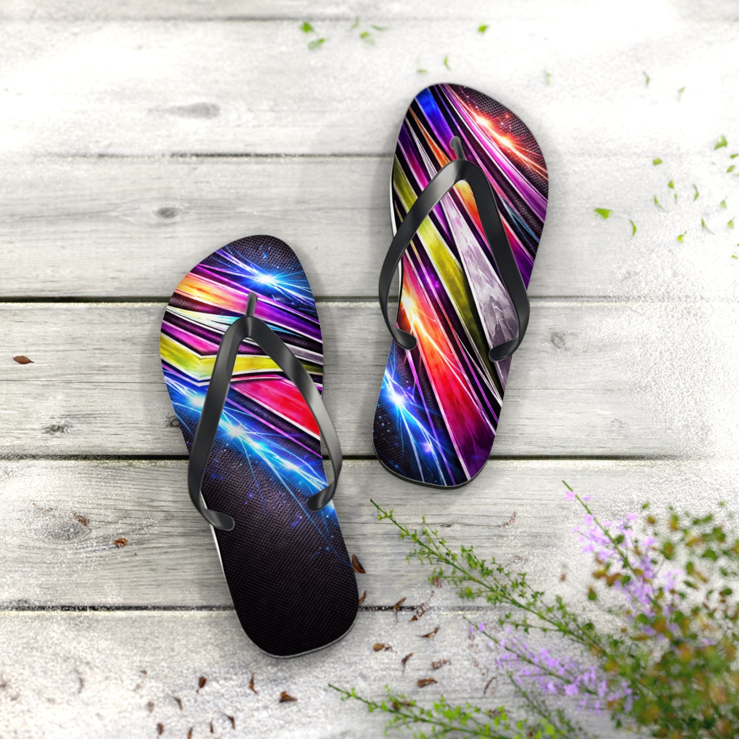 Neon Galaxy Flip Flops — Colorful Space Wave Beach Sandals