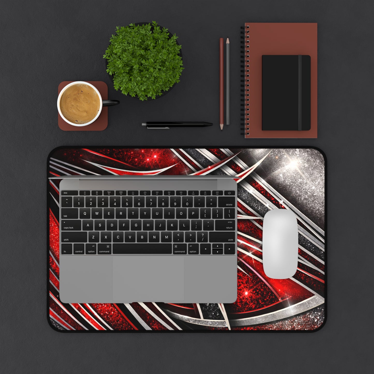 Red Metallic Abstract Desk Mat — Gaming/Office Mouse Pad