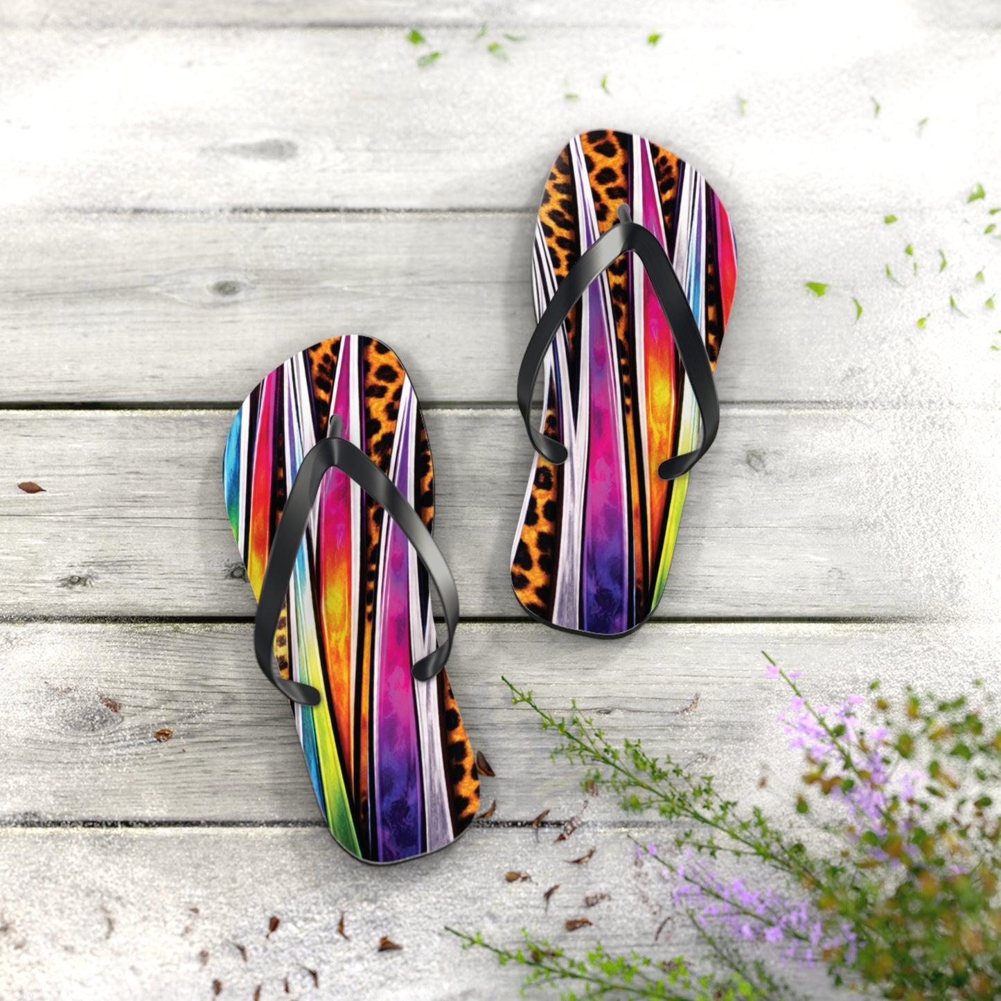 Colorful Striped & Leopard Print Flip Flops — Vibrant Beach Sandals
