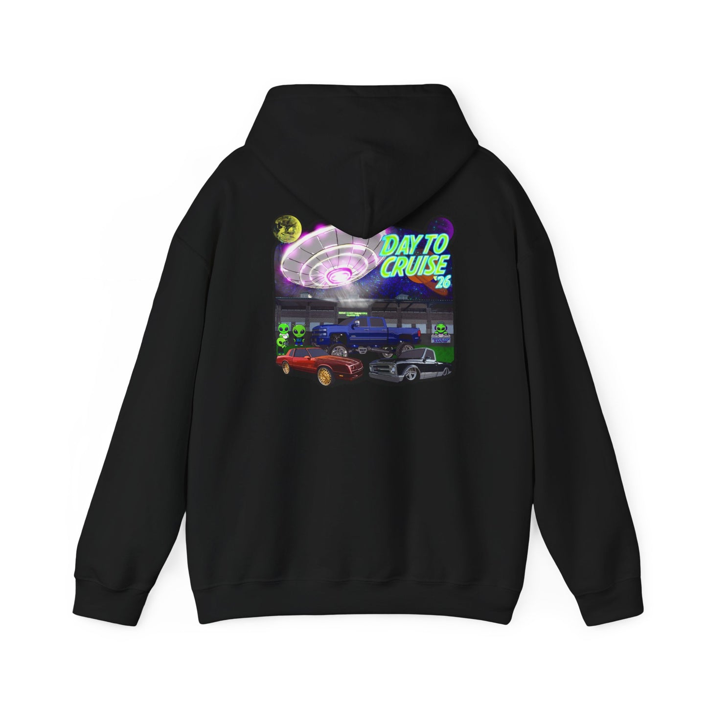 Cruise Night Hoodie — "Day To Cruise" Retro UFO Car Graphic