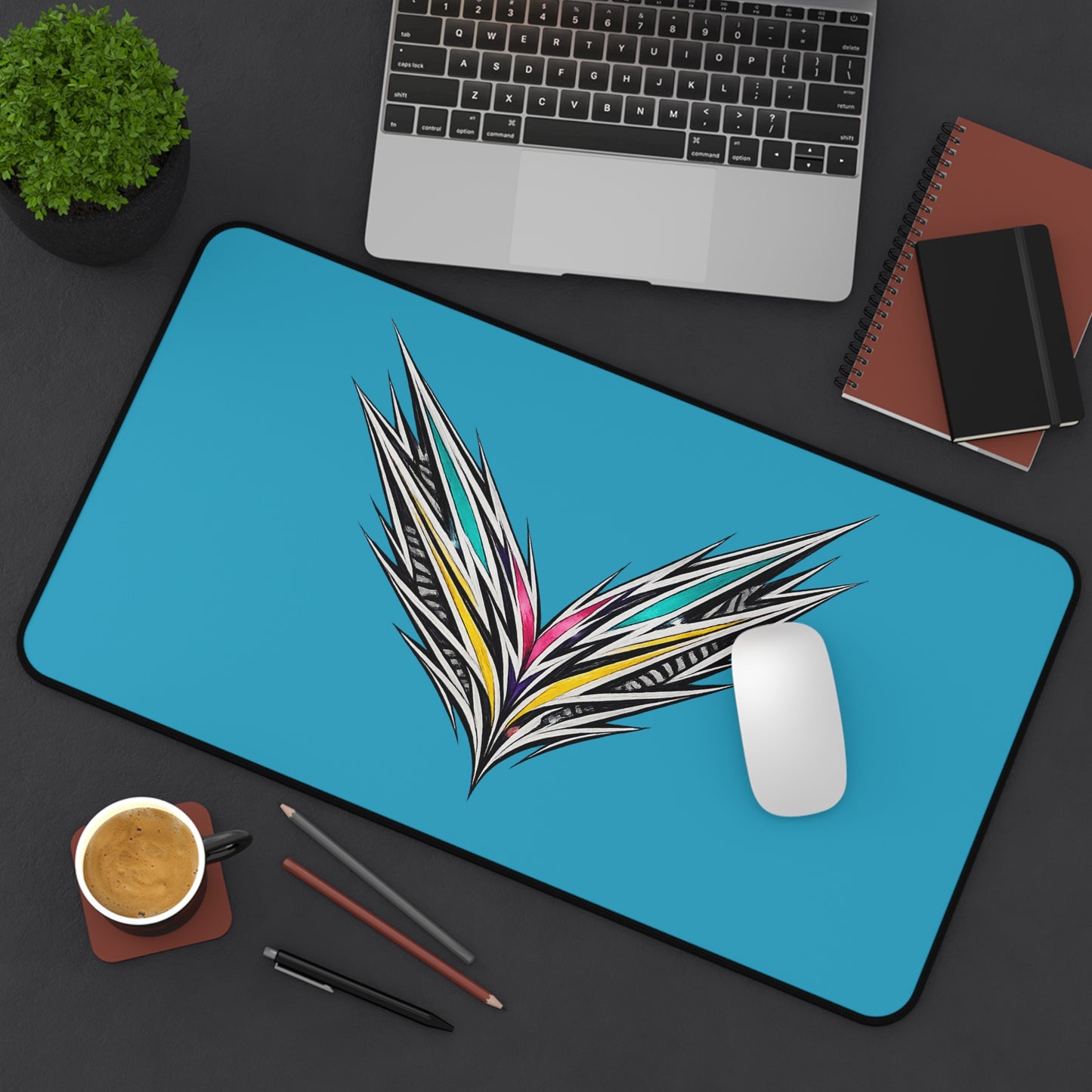 Abstract Feather Burst Desk Mat | Blue Gaming Mousepad