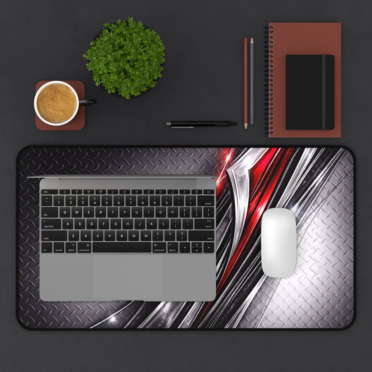 Red and Silver Metallic Abstract Desk Mat | Gaming Mousepad