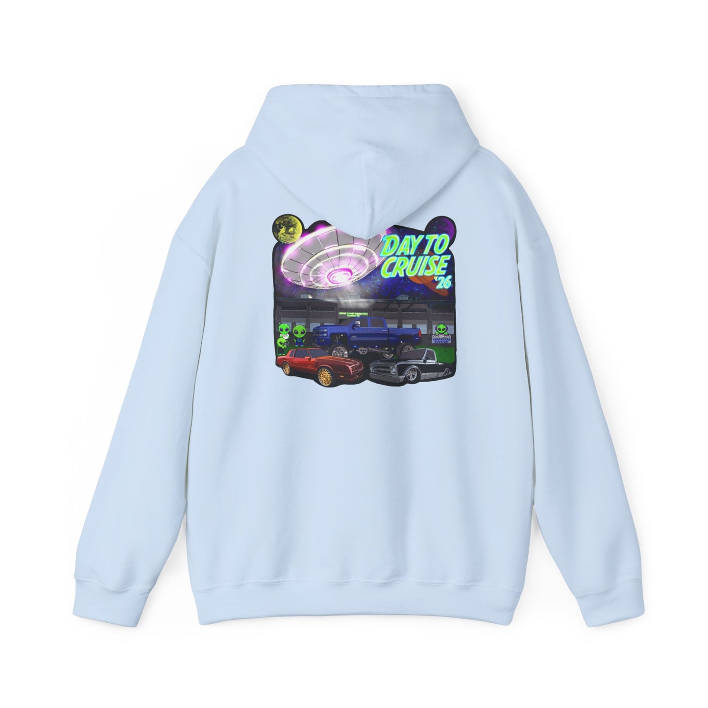 Cruise Night Hoodie — "Day To Cruise" Retro UFO Car Graphic