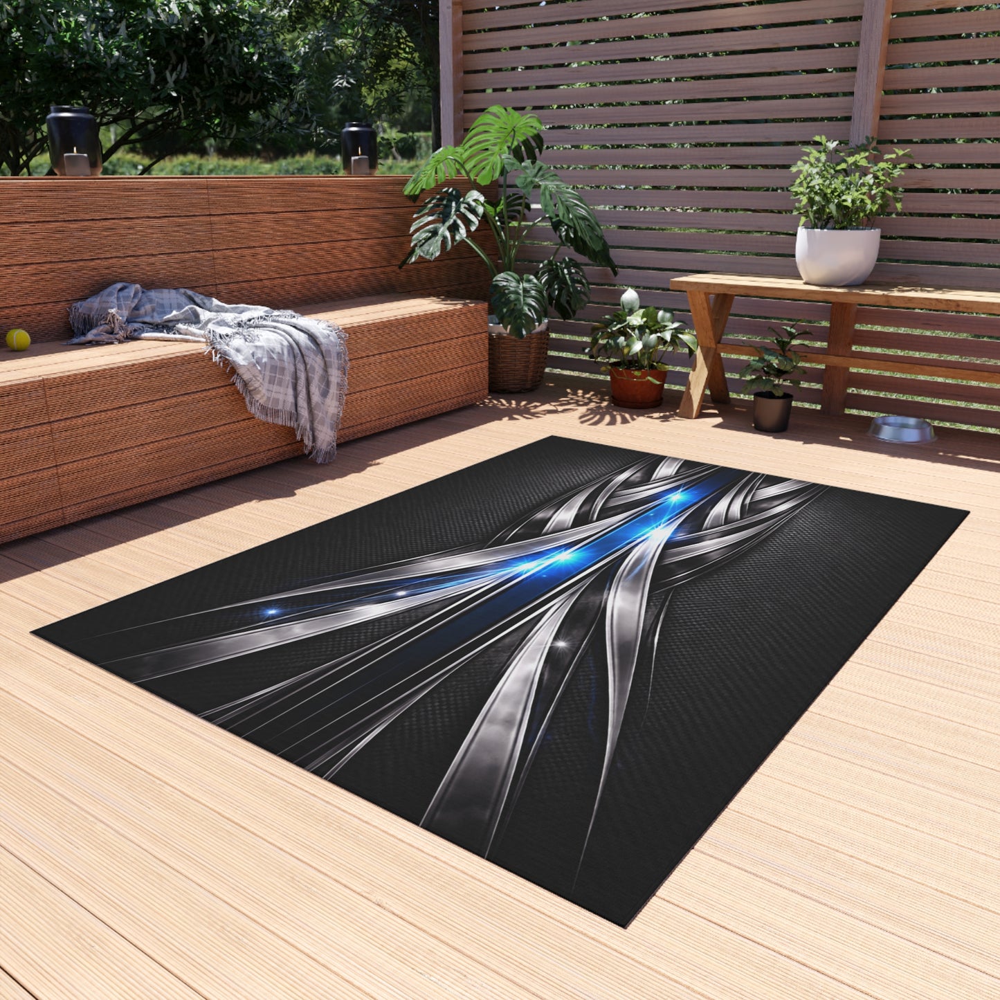 Futuristic Metal Weave Outdoor Rug with Blue Light Accents