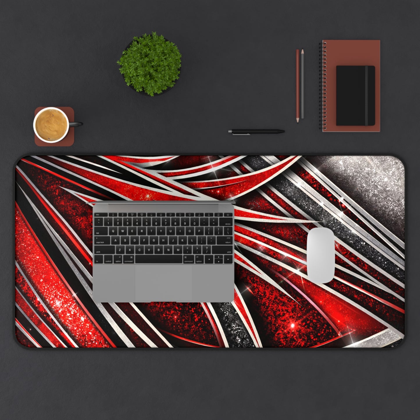 Red Metallic Abstract Desk Mat — Gaming/Office Mouse Pad