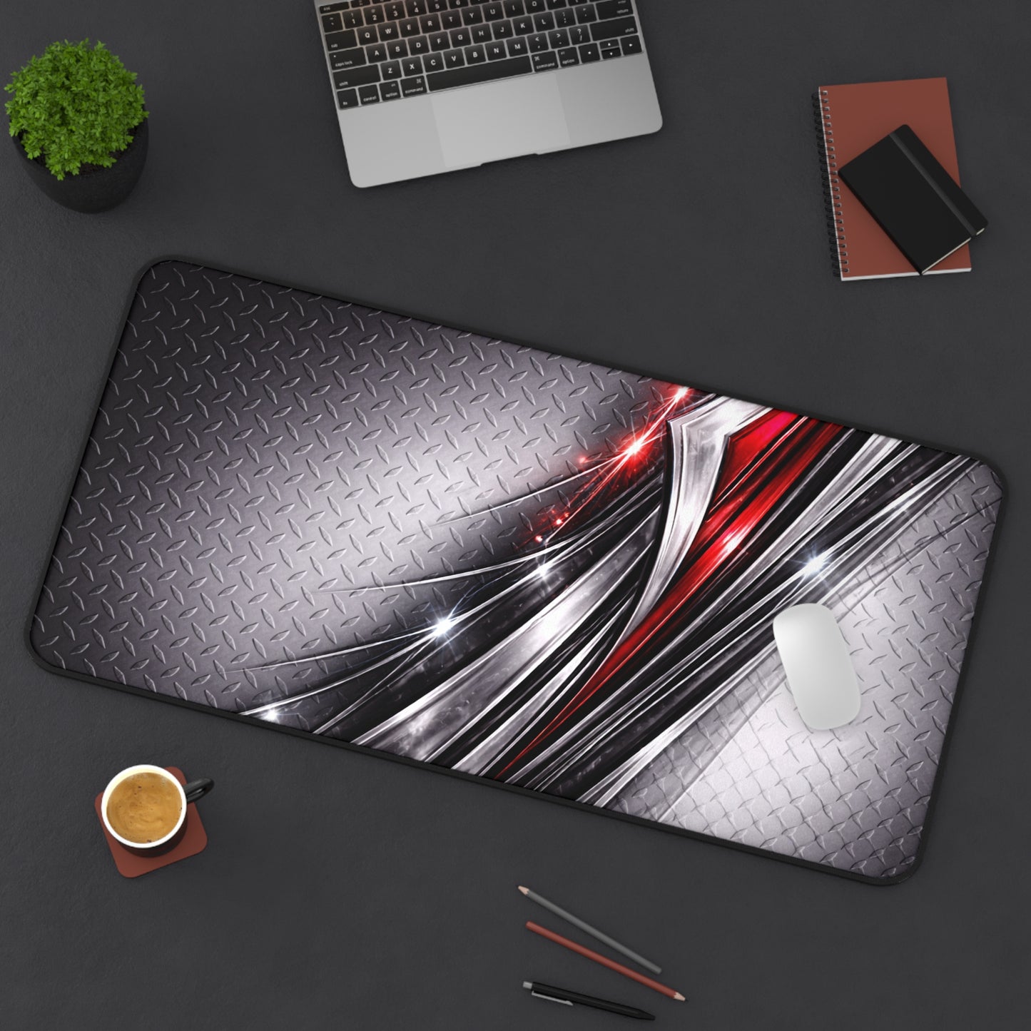 Red and Silver Metallic Abstract Desk Mat | Gaming Mousepad