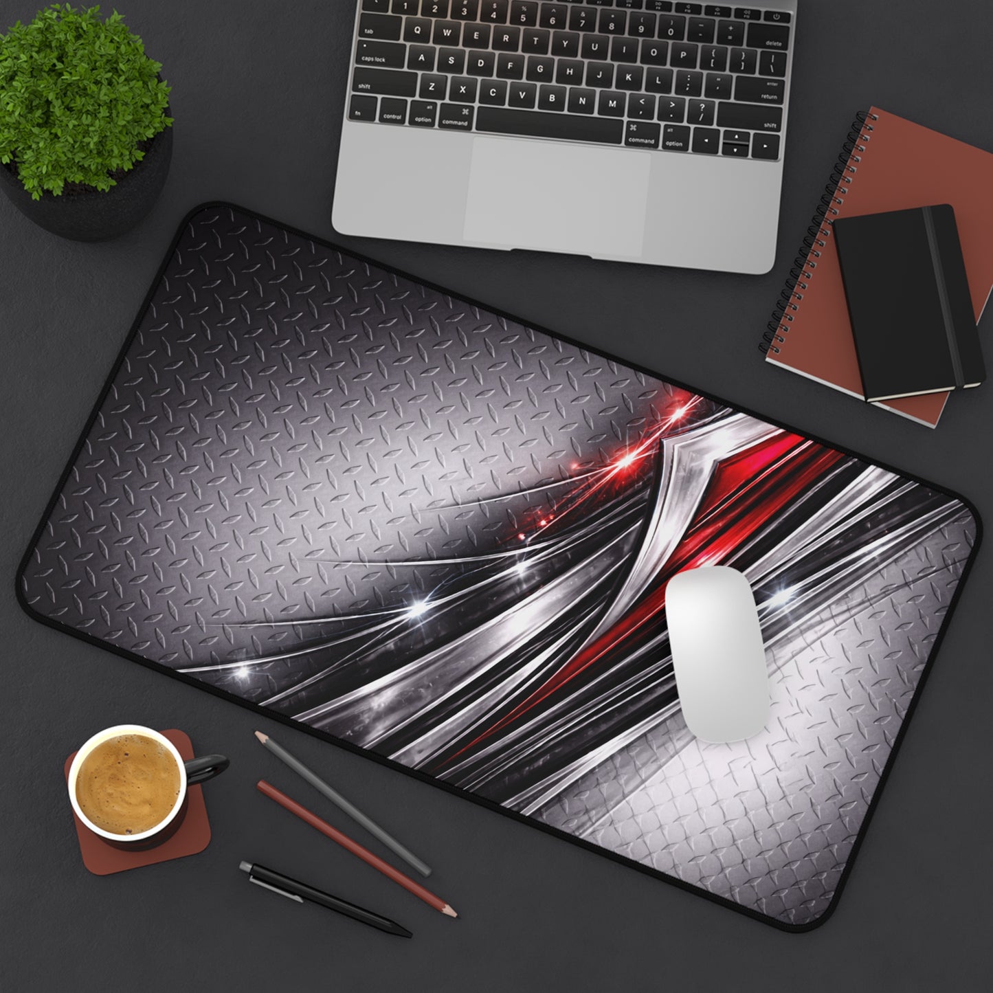 Red and Silver Metallic Abstract Desk Mat | Gaming Mousepad