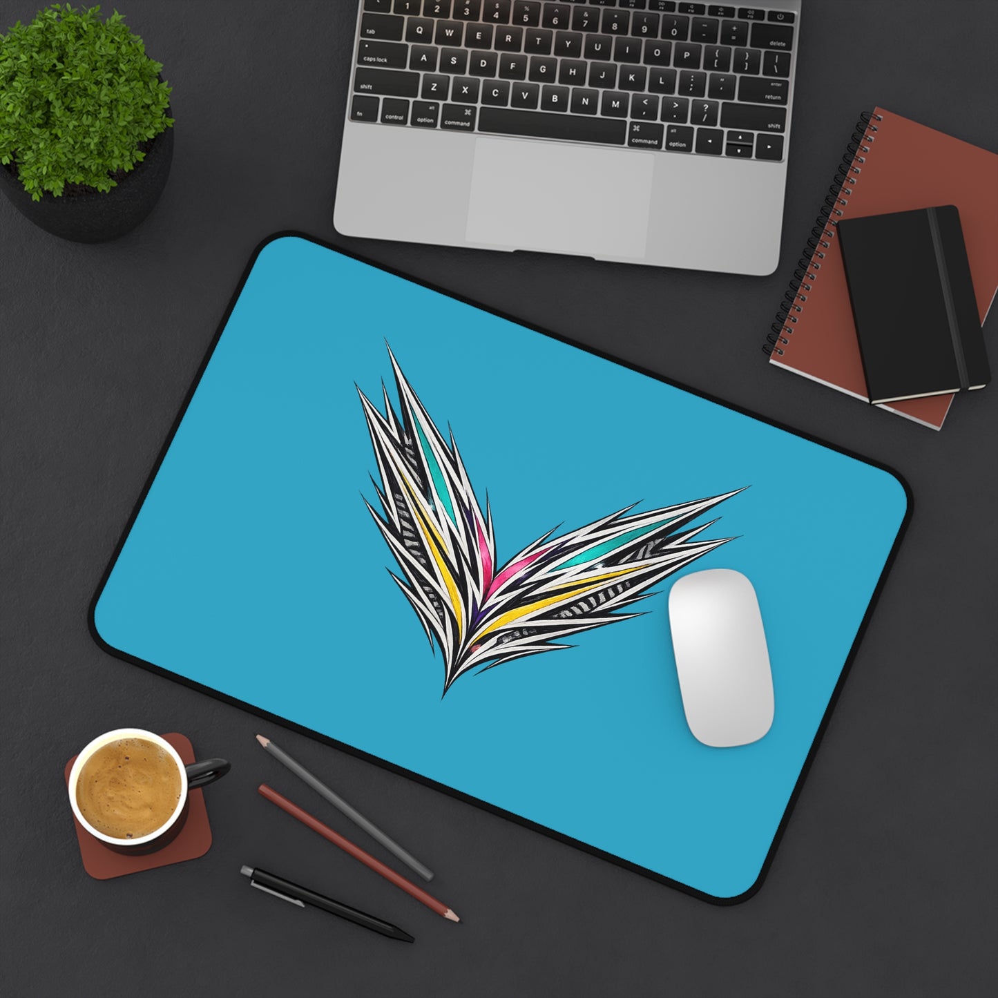 Abstract Feather Burst Desk Mat | Blue Gaming Mousepad