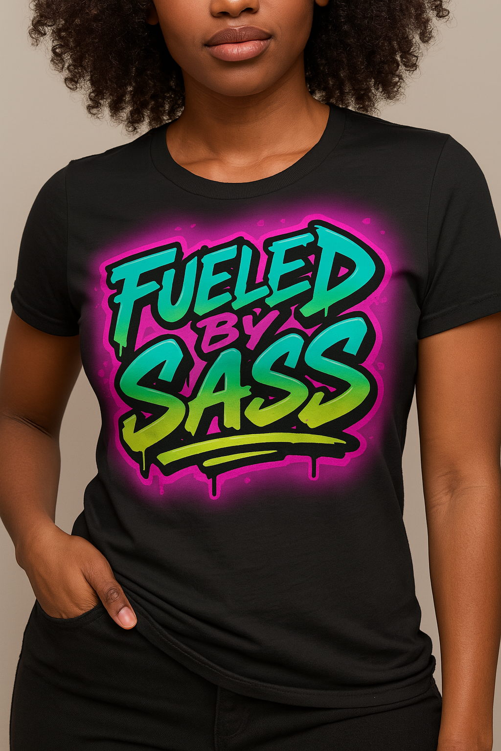 Fueled by Sass – Neon Graffiti Ladies Fitted Tee